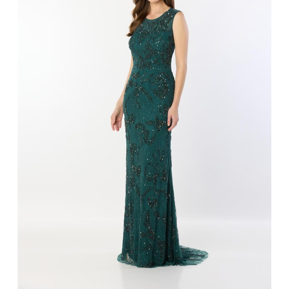 Montage by Mon Cheri M2239 Jewel Neck Keyhole Back Spruce Dress Sz. L (SAMPLE) - Picture 1 of 7